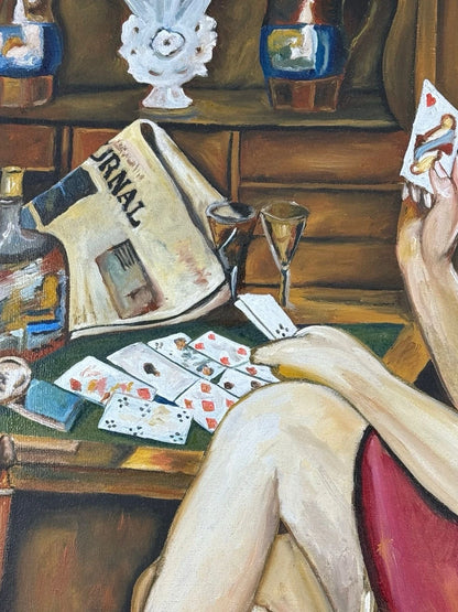 art-decoration-tableau-peinture-huile-toile-moderne-portrait-feminin-femme-personnage-cigarette-cartes-d'aprés Gerda Wegener