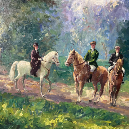 Vintage Original Oil On Canvas Riders Ladies Family Cozy Evening Woods Painting