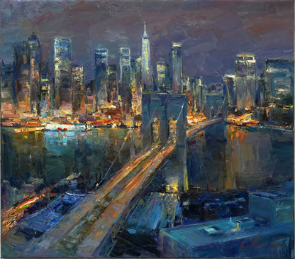 art-decoration-tableau-peinture-huile-toile-moderne-skyline-new york-pont-Brooklyn-by night