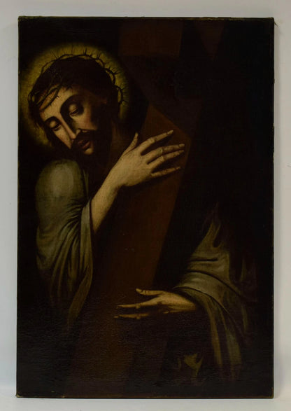 Tableau du 17/18ème Jh. "Christ à la croix à l'ombre de la souffrance", huile