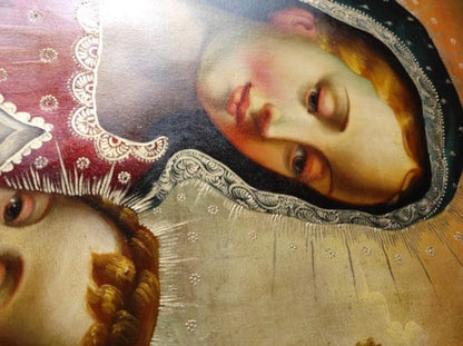 art-decoration-tableau-peinture-huile-toile-portrait-religieux-sainte-vierge-marie-sein-enfant-jesus-cuzco