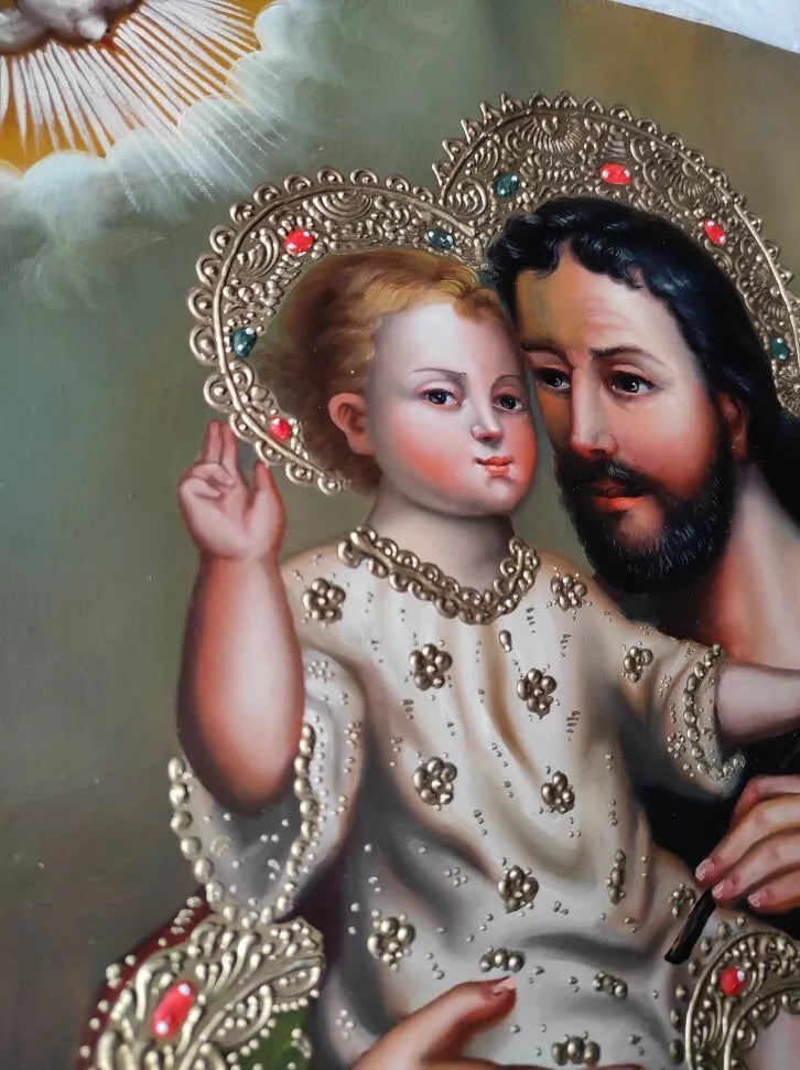 Saint Joseph et l'enfant, peinture à l'huile peinte à la main, art catholique, peinture Cuzco