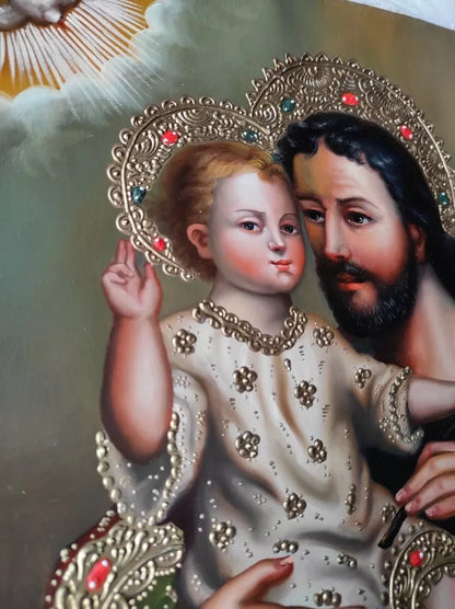 Saint Joseph et l'enfant, peinture à l'huile peinte à la main, art catholique, peinture Cuzco