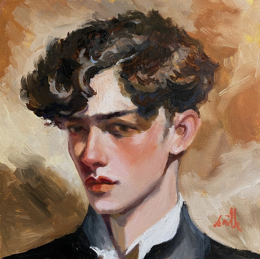Tableau huile original style édouardien portrait jeune homme. Encadré prêt à accrocher