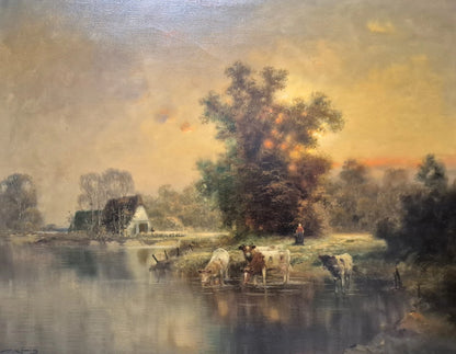 art-decoration-scene-campagne-vache-betail-personnage-lac-peinture-huile-toile