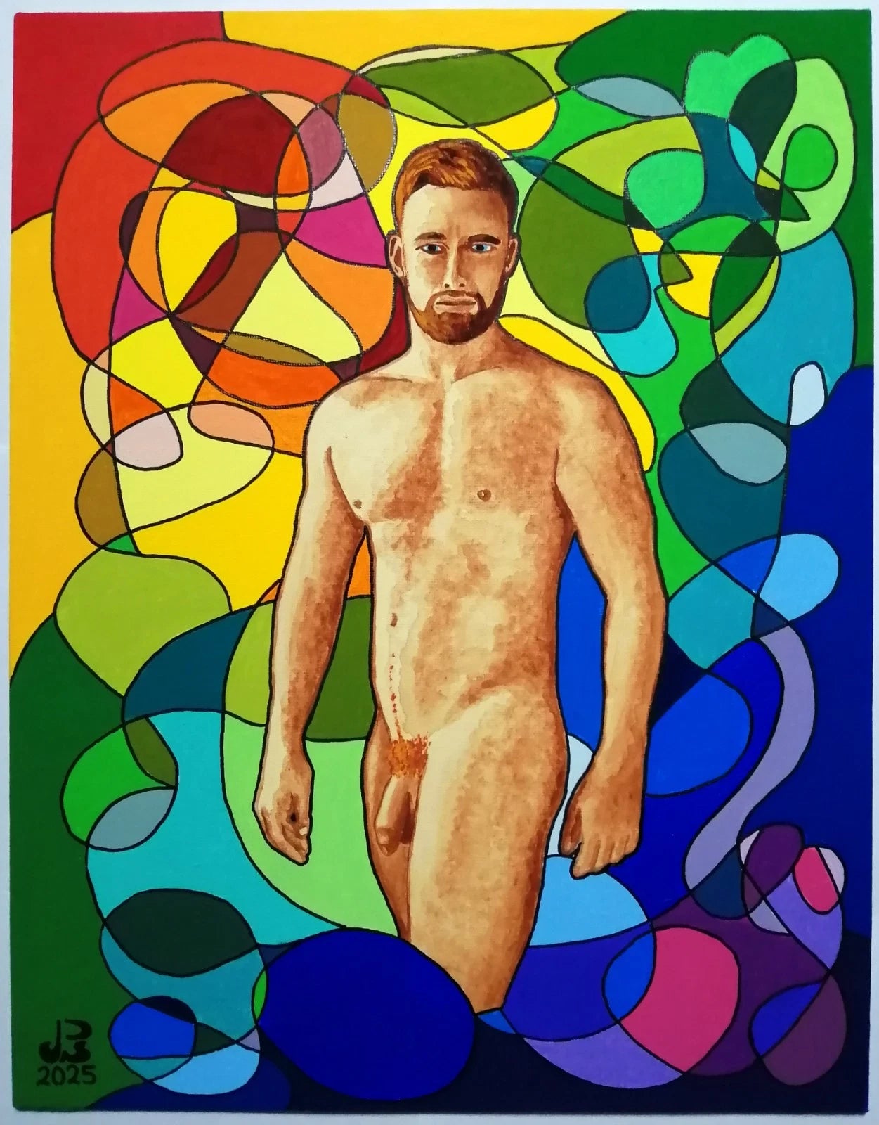 art-decoration-tableau-peinture-huile-toile-portrait male-homme-nu-barbe-cheveux roux