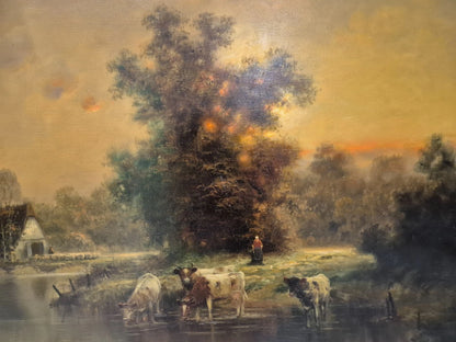 art-decoration-scene-campagne-vache-betail-personnage-lac-peinture-huile-toile