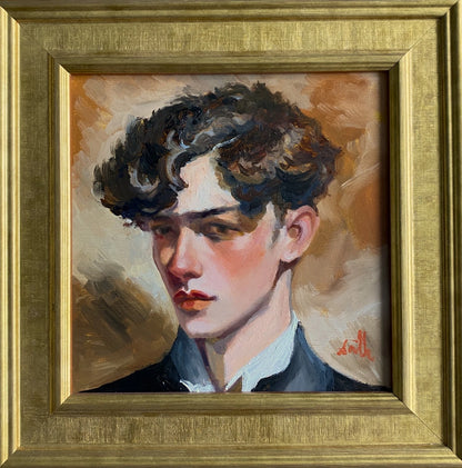 Tableau huile original style édouardien portrait jeune homme. Encadré prêt à accrocher