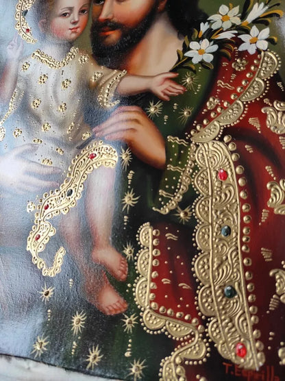 Saint Joseph et l'enfant, peinture à l'huile peinte à la main, art catholique, peinture Cuzco
