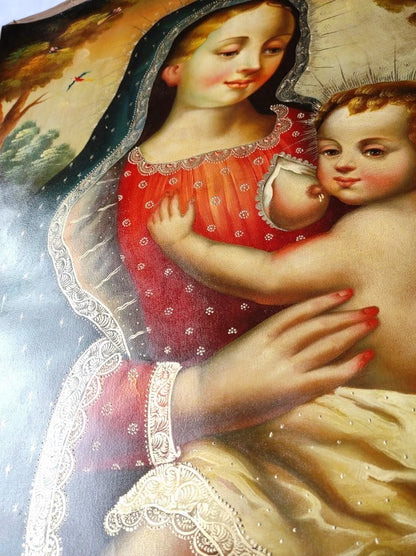 art-decoration-tableau-peinture-huile-toile-portrait-religieux-sainte-vierge-marie-sein-enfant-jesus-cuzco