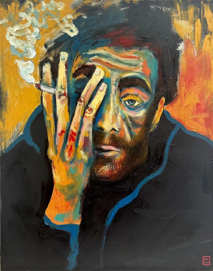 art-moderne-nu-masculin-homme-torse-nu-barbu-fume-cigarette-peinture-originale-huile-toile