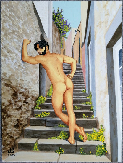 art-decoration-tableau-peinture-huile-panneau toile-erotique-homme-nu-gay-escalier