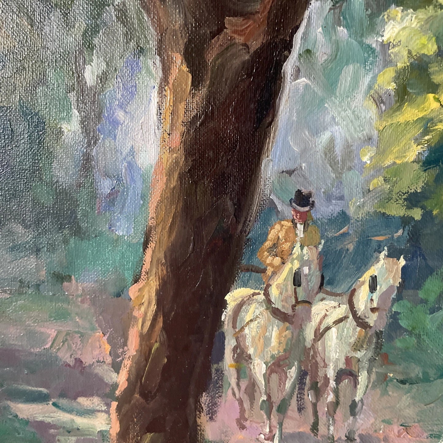Vintage Original Oil On Canvas Riders Ladies Family Cozy Evening Woods Painting
