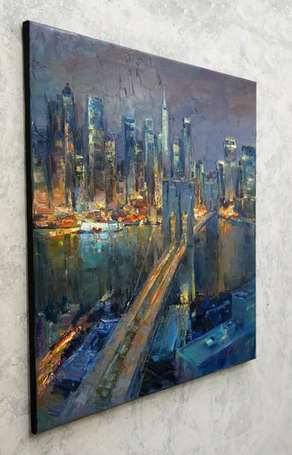 art-decoration-tableau-peinture-huile-toile-moderne-skyline-new york-pont-Brooklyn-by night