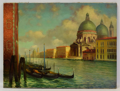 Vers 1950 Tableau ancien, Paysage de Venise ensoleillée, huile, signé 80,5x61 cm