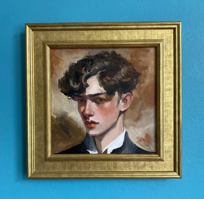 Tableau huile original style édouardien portrait jeune homme. Encadré prêt à accrocher
