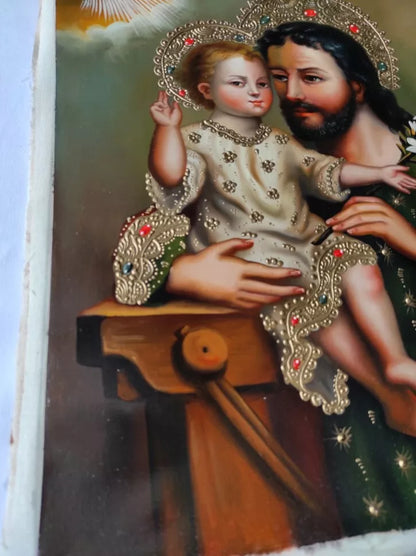 Saint Joseph et l'enfant, peinture à l'huile peinte à la main, art catholique, peinture Cuzco