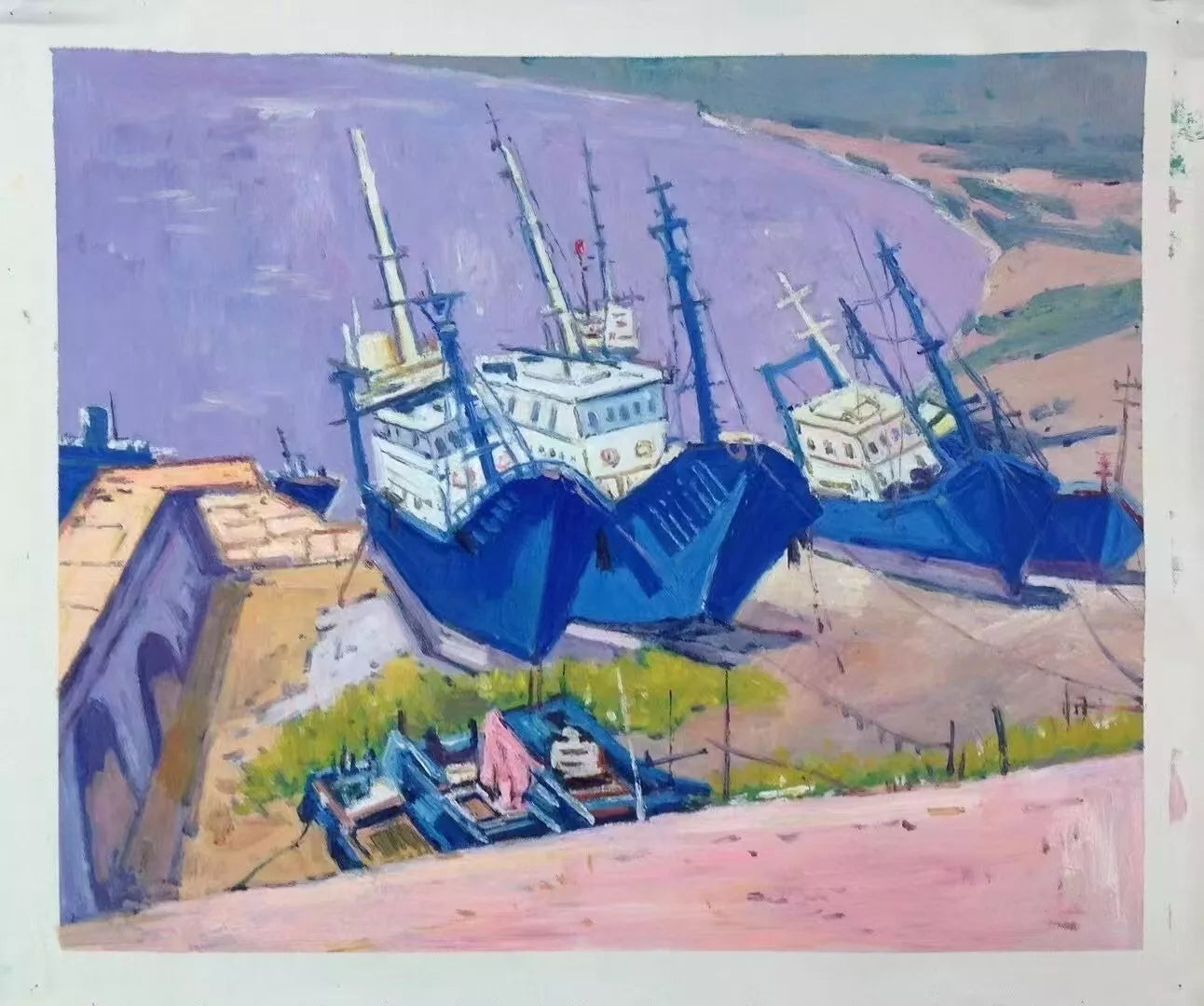 art-decoration-tableau-peinture-huile-toile-paysage-marin-bateaux-peche