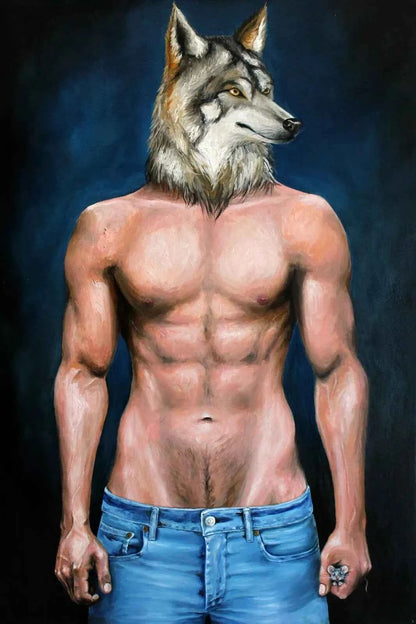 art-moderne-nu-masculin-homme-loup-peinture-originale-huile-toile