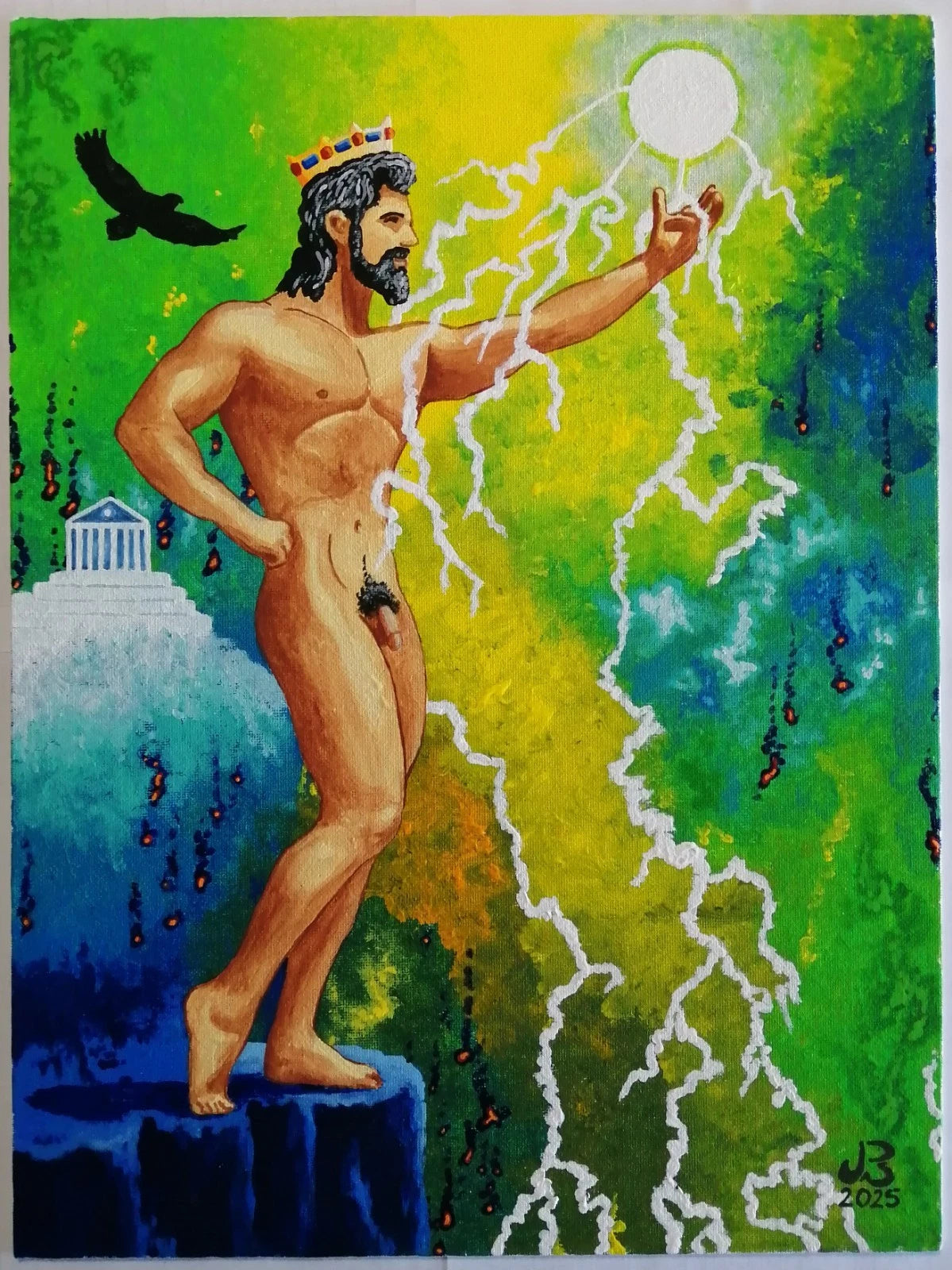 art-decoration-tableau-peinture-huile-toile-portrait male-homme-nu-barbe-cheveux noir-dieu-olympe