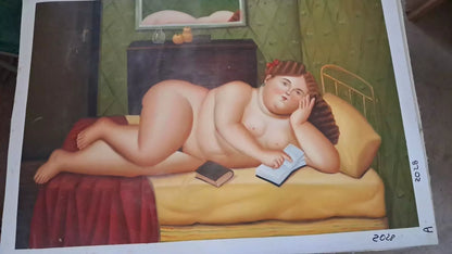 art-decoration-tableau-peinture-huile-toile-portrait-femme-nue-peintre-d'apres Botero
