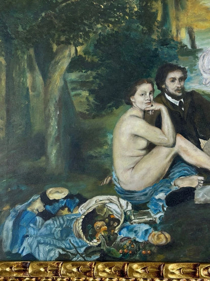 art-decoration-tableau-peinture-huile-toile-scene-personnages-femme-nue-dejuener-herbe