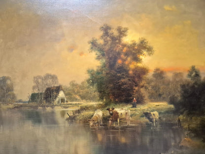 art-decoration-scene-campagne-vache-betail-personnage-lac-peinture-huile-toile