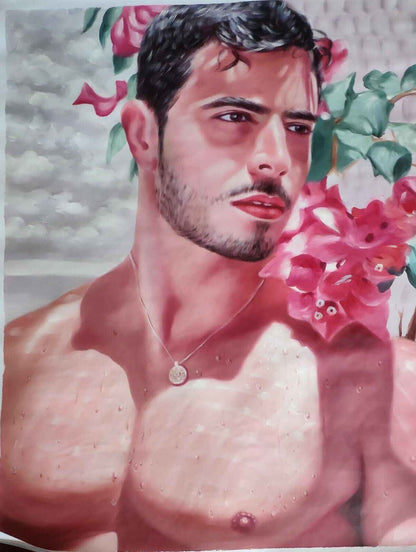 art-decoration-tableau-peinture-huile-toile-portraitmasculin-male-homme-torse-nu-fleurs