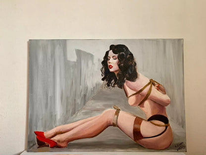 art-decoration-tableau-peinture-huile-toile-érotique-scene-femme-denudée-attachée