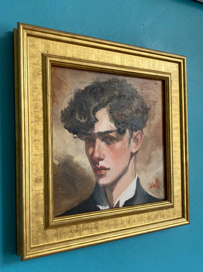 Tableau huile original style édouardien portrait jeune homme. Encadré prêt à accrocher