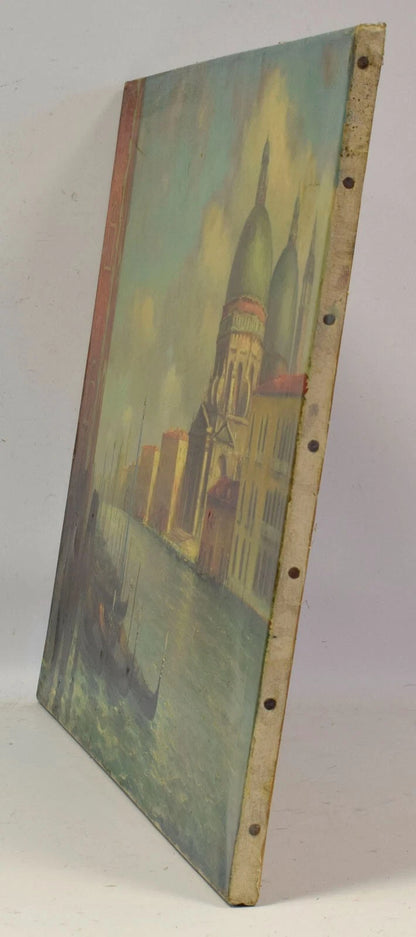 Vers 1950 Tableau ancien, Paysage de Venise ensoleillée, huile, signé 80,5x61 cm