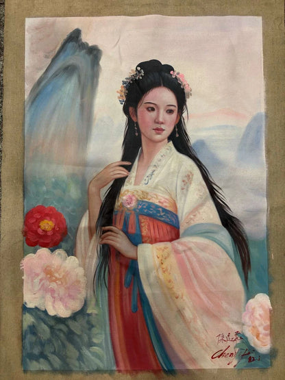 portrait-femme-Peinture à l'huile sur toile "Beauté classique" peinte à la main chinoise par Chen Yifei
