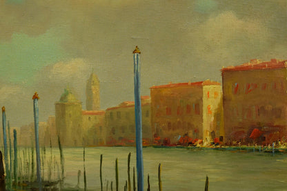 Vers 1950 Tableau ancien, Paysage de Venise ensoleillée, huile, signé 80,5x61 cm