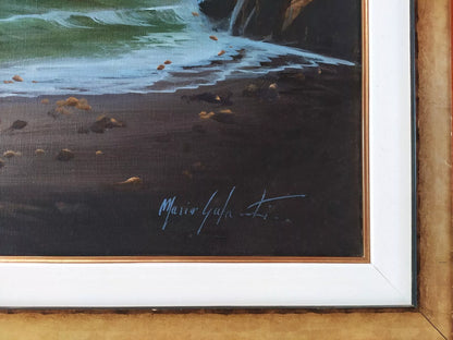 Paysage Côtier Napolitain avec Bateaux Grande Peinture à Huile originale signée