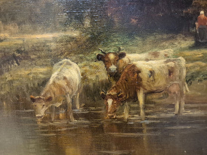 art-decoration-scene-campagne-vache-betail-personnage-lac-peinture-huile-toile