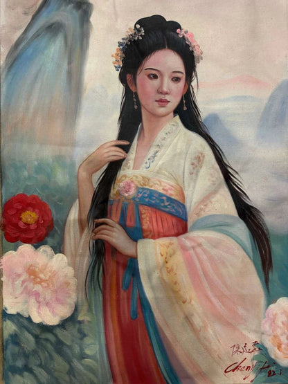 portrait-femme-Peinture à l'huile sur toile "Beauté classique" peinte à la main chinoise par Chen Yifei