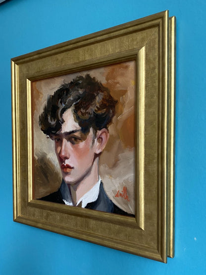 Tableau huile original style édouardien portrait jeune homme. Encadré prêt à accrocher