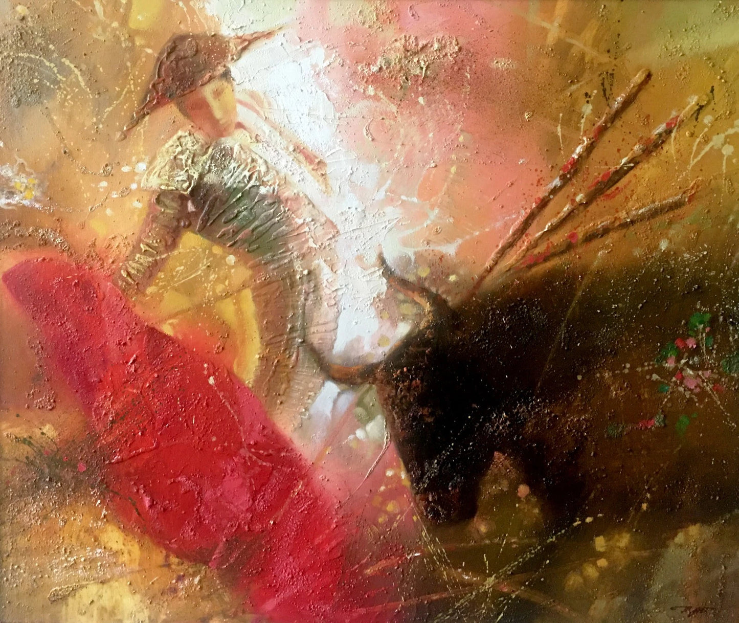 art-moderne-scene-corrida-matador-taureau-peinture-huile-toile