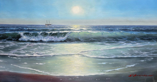 art-decoration-tableau-peinture-huile-toile-paysage-marin-vague-ocean-"EVENING SEA SURF"