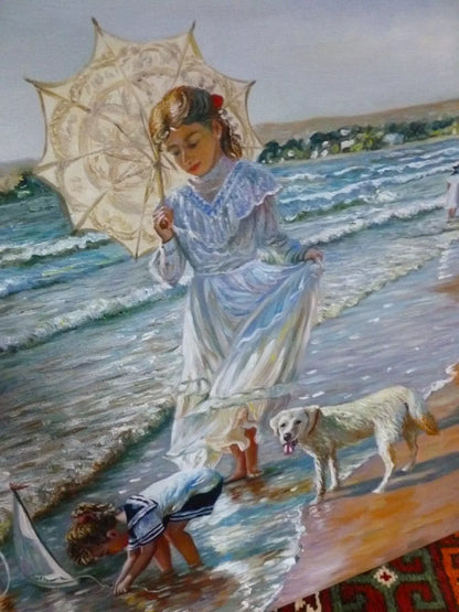 art-decoration-tableau-peinture-huile-toile-scene-vie-enfants-plage-chien