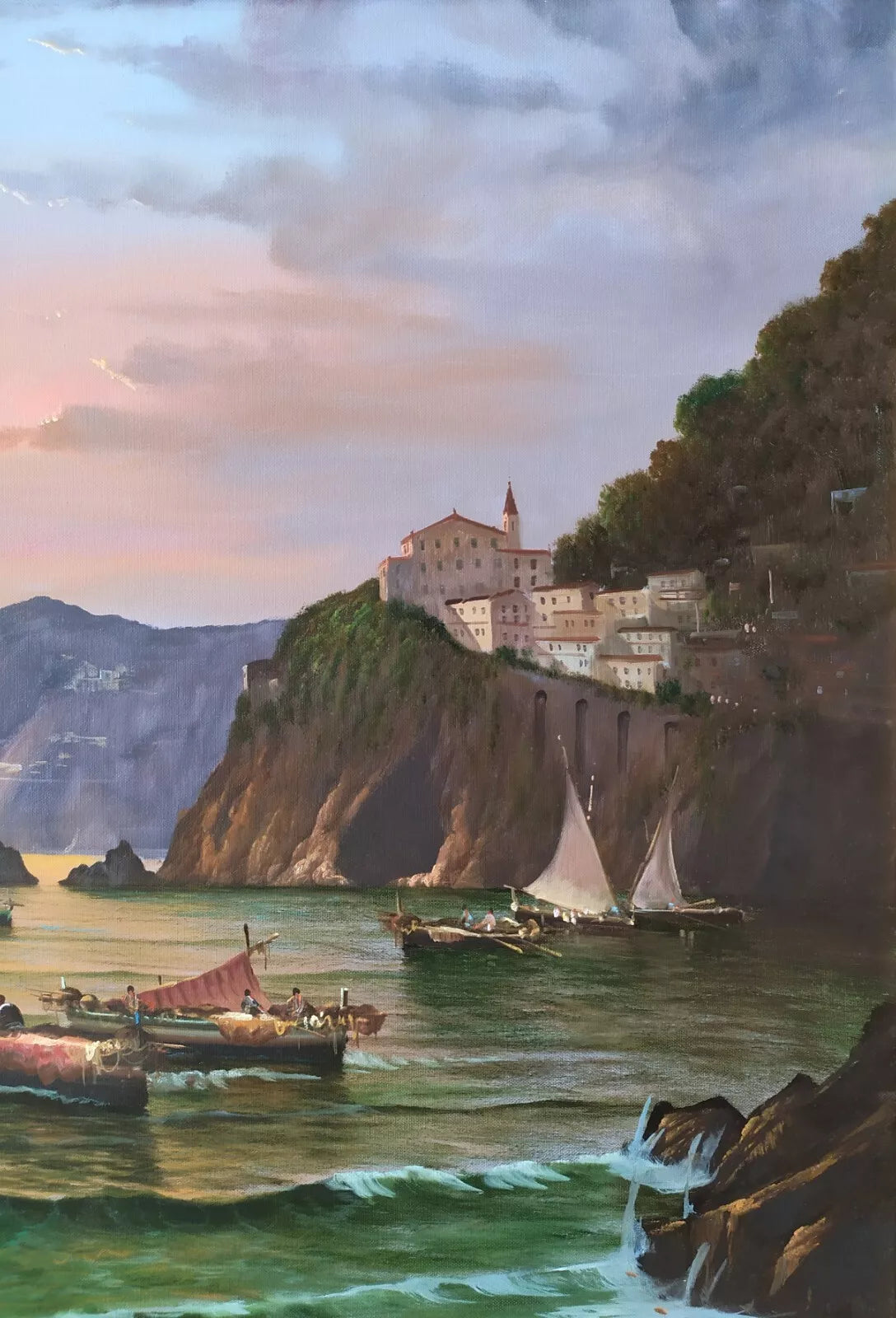 Paysage Côtier Napolitain avec Bateaux Grande Peinture à Huile originale signée
