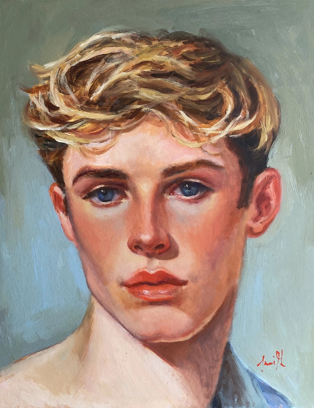 Tableau huile original portrait jeune homme blond encadré