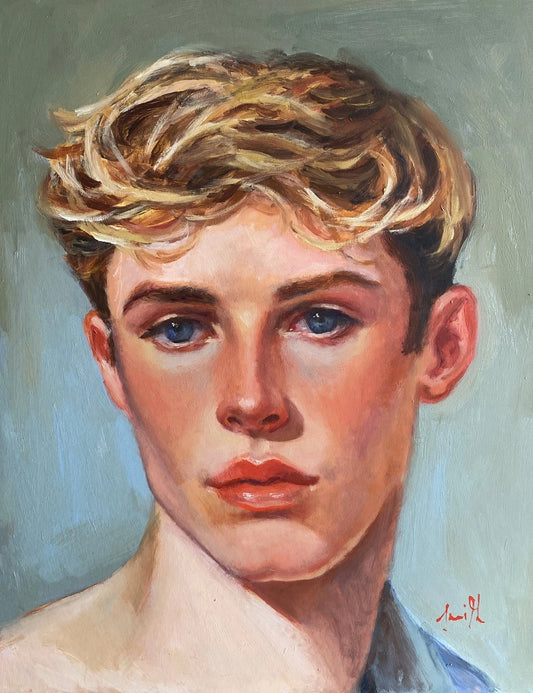Tableau huile original portrait jeune homme blond encadré