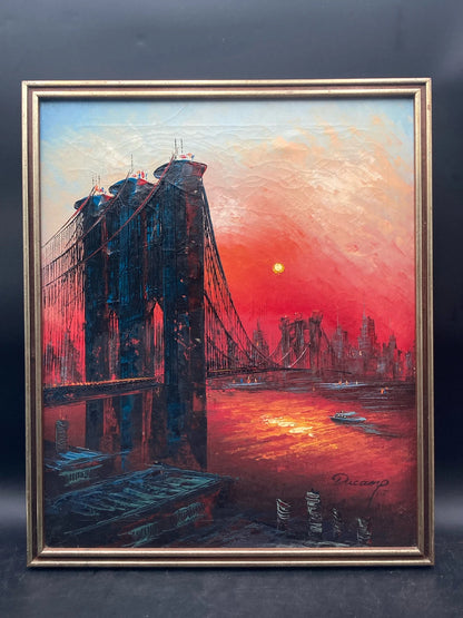 art-decoration-tableau-peinture-huile-toile-moderne-skyline-new york-pont-Brooklyn-soleil-rouge
