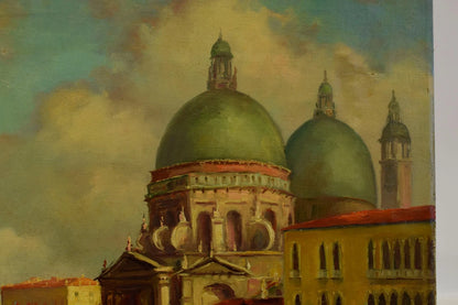Vers 1950 Tableau ancien, Paysage de Venise ensoleillée, huile, signé 80,5x61 cm