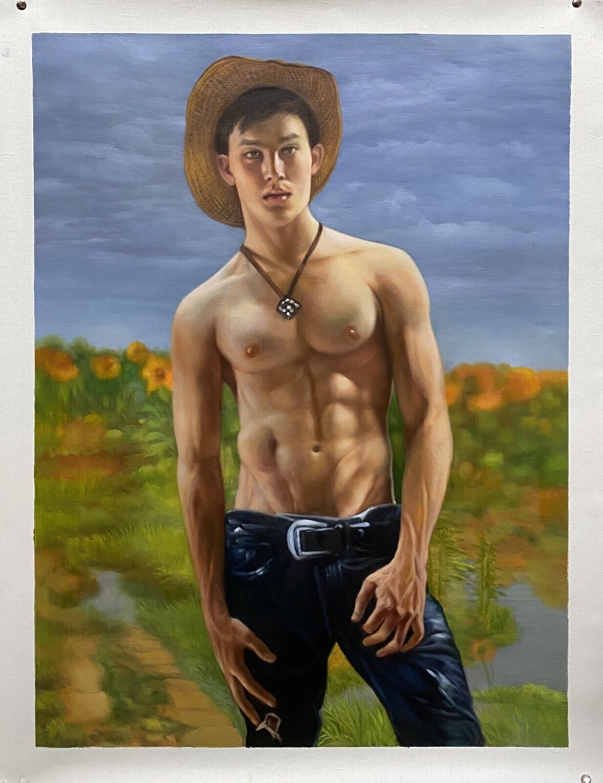 art-decoration-tableau-peinture-huile-toile-portrait-masculin-jeune-homme-torse-nu-chapeau-cow-boy