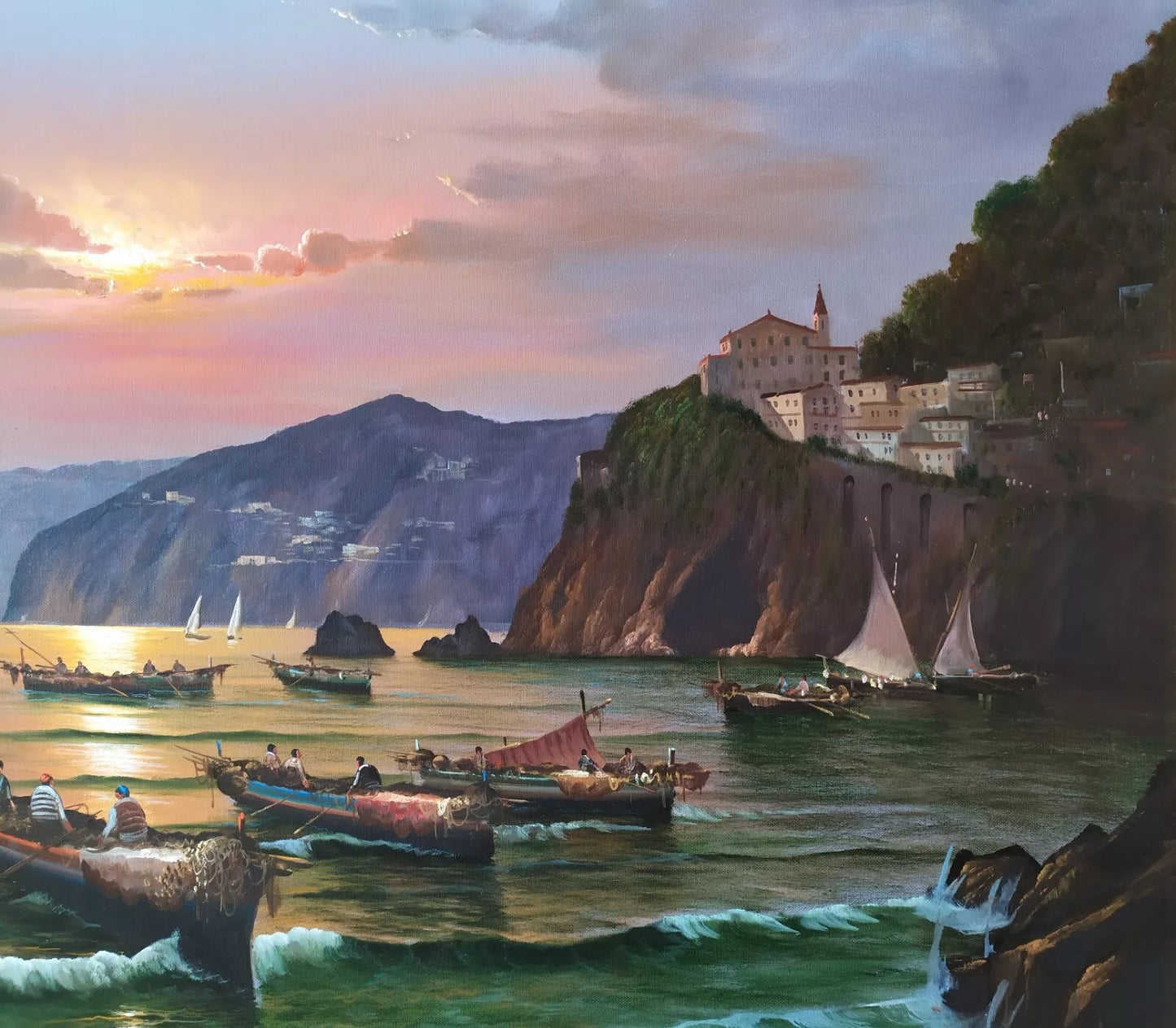 Paysage Côtier Napolitain avec Bateaux Grande Peinture à Huile originale signée