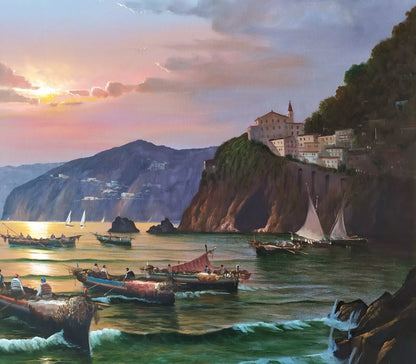 Paysage Côtier Napolitain avec Bateaux Grande Peinture à Huile originale signée