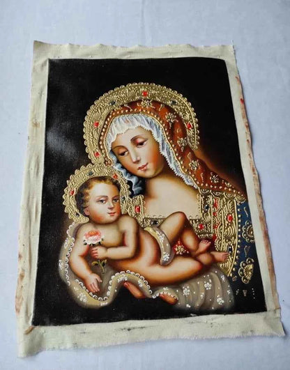 Sainte Vierge Marie et l'enfant Jésus, Peinture à l'huile originale, Peinture Cuzco, Peinte à la main, Icône