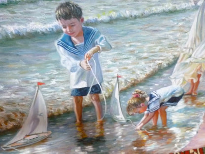 art-decoration-tableau-peinture-huile-toile-scene-vie-enfants-plage-chien